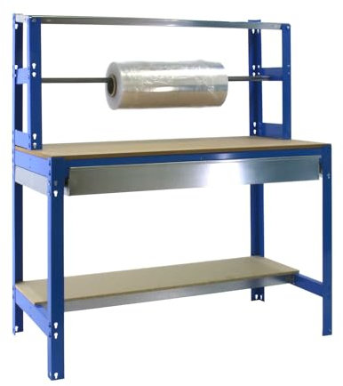 Simon Rack Banco de Trabajo Taller, Capacidad Carga 600 kg, 1445x1210x760 mm, Mesa de Trabajo, 1 Cajón, Azul/Madera - BT4