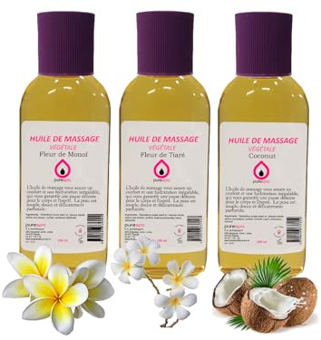 Coffret Modelage Invitation aux Voyages- Purespa By Purenail, 3 Huiles de massage Fleur de Monoï, Fleur de Tiaré et Coco, 3 flacons x100 ml- Ideal massage érotique et sexy