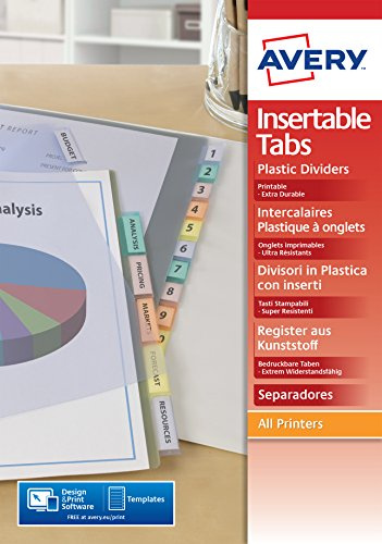 Avery 05614501 Index Maker Polypropylene Insertable Tab Dividers, 12 Plain Tabs - Assorted Colours