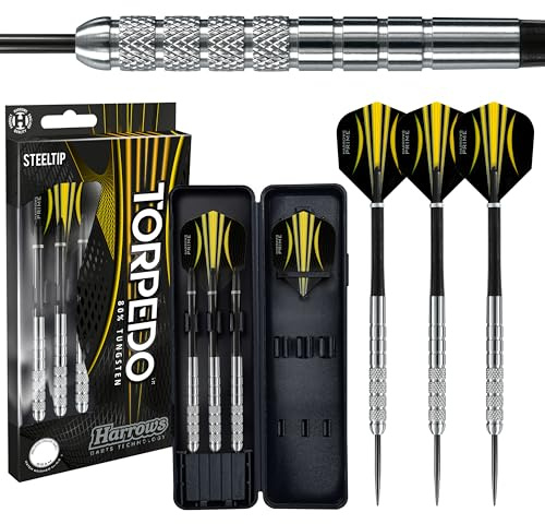 Harrows Torpedo 80% volfram dart | Steel Tip Darts set med bärväska | 21 g, 22 g, 23 g, 24 g, 25 g, 26 g & 27 g | Innehåller svarta nylonskaft och 100 Micron Prime Flights