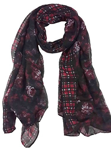 Lina & Lily Damen-Schal mit Blumenmuster, leicht, Kariertes Blumenmuster – Schwarz, Rot, One size