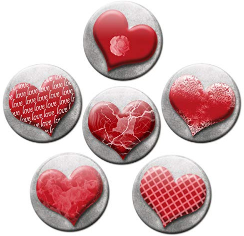 Magnete Vintage Herzen 6er Valentin Deko Geschenk Set Kühlschrankmagnete romantisch für Verliebte Paare stark groß 50mm rund Rot