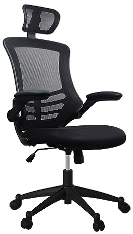 Techni Mobili Modern Ergonomic High-Back Office Chair, Executive Mesh Home Office Chair with Adjustable Headrest & Flip Up Arms, Black , 49.5 x 26.37 x 26.37