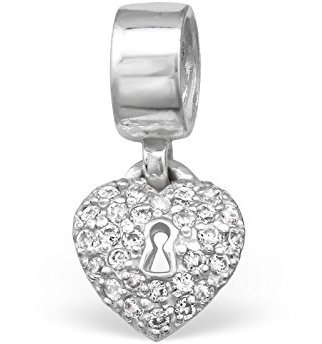 Silvadore - Silver Bead – Padlock Lock Flat Plaque Crystals Key Hole Love Ring - 925 Sterling Hanging Charm 3D Slide On 704 - Fits European Bracelet - Gift Boxed
