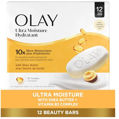 Olay Beauty Bar, Ultra Moisture,10x More Moisturizers, Nourishing Conditioners, Smooth & Gentle on Skin, Vitamin B3 Complex, For All Skin Types, Shea Butter Scent, 3.17 oz, (Pack of 12)