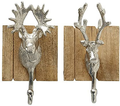 Unbekannt 2 STK große Wandhaken Hirsch Metall/Holz Landhaus braun Silber Farben Hirschkopf Elchkopf Deko Skihütte Apreski Wandhaken Garderobe
