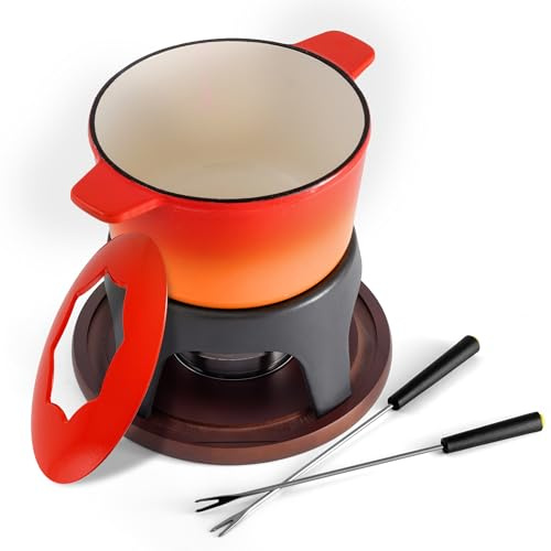 Swissmar Sierra Cast Iron Fondue Set, 1.6 Quart / 1.6 Liter – Perfect for Meat, Cheese, & Chocolate Fondues – Ideal for Family Bonding & Hosting Gifts - 12-Pieces, Gradient Orange