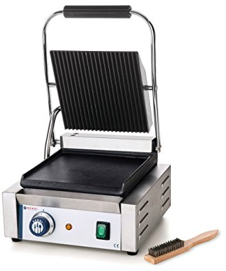 HENDI Kontaktgrill, einzeln, oben gerillt und unten glatt, inkl. Grillreinigungsbürste, Temperatur bis 300°C regelbar, Grillfläche 220x232mm, Elektrogrill, 230V/1800W, 310x375x(H)216mm, Edelstahl