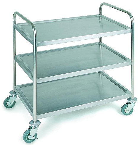 APS 11979 Servierwagen, Edelstahl Transportwagen, mit DREI Böden, 91 x 59 x 93 cm, Abstand zwischen den Borden ca. 26 cm, 4 Lenkrollen, Davon 2 feststellbar, Trolley mit Tragfähigkeit 120 kg