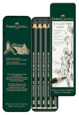 Faber-Castell 5 Piece Quality Castell 9000 Jumbo Graphite Pencils in a Tin, Including HB, 2B, 4B, 6B and 8B,Black
