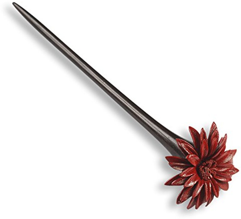 ISLAND PIERCINGS Haarnadel, Handarbeit aus Holz mit roter Blüte aus Leder, HN134, 20cm, 1 Stück