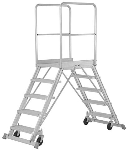 Hymer Podesttreppe fahrbar, beidseitig begehbar, Podestgröße 600x800 mm, 2x7 Stufen, Standhöhe 1700 mm, Gewicht 54 kg