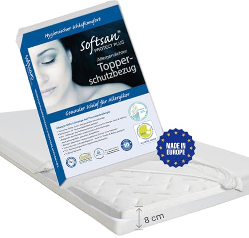 Softsan Protect Plus Matratzenbezug für Topper milbendicht 200x200x8 cm, Höhe 8 cm, Encasing, Milbenschutz für Hausstauballergiker milbenkotdicht Weiß