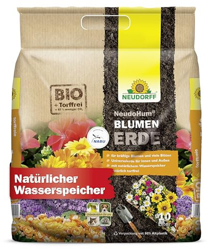 Neudorff NeudoHum BlumenErde – Torffreie Bio Erde, für Innen und Außen, fördert kräftige Blumen und viele Blüten, 10 Liter