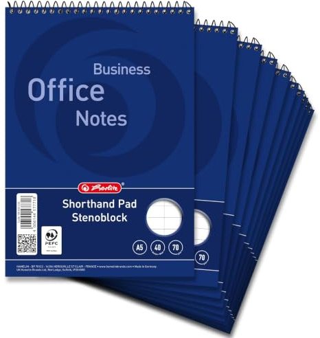herlitz Stenoblock A5 liniert, rote Mittellinie, 40 Blatt, 10 Stück | kopf‐spiralgebunden