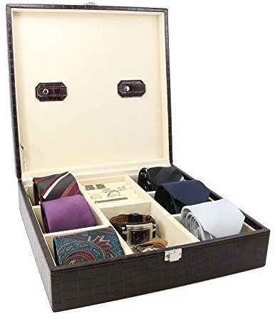 Decorebay Handcrafted Crocodile Leather Tie Box and Cufflink Storage Box for Men – Seal Brown