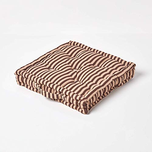 HOMESCAPES - Pin Stripe Choco - 100% Cotton - Large Floor Cushion - Chocolate and Beige - 50 x 50 x 10 cm Square - Indoor - Garden - Dining Chair Booster - Seat Pad Cushion.