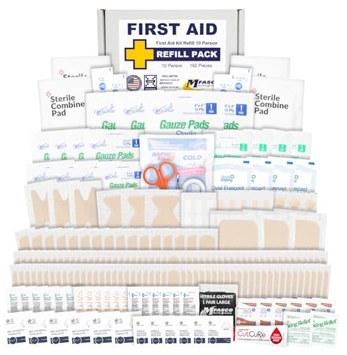 MFASCO First Aid Kit Refill Pack - Complete 200+ Items for Small to Medium Boxes - Bandages, Gauze, Antiseptics - Quality Supplies - Assembled in USA - Compact, 2 Pounds - 10 x 7 x 3 inches