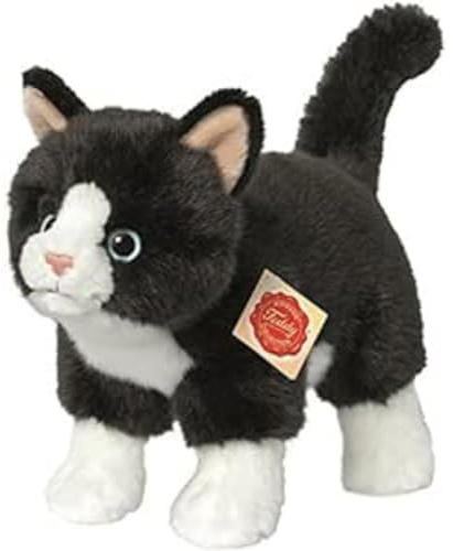 Teddy Hermann 91820 Chat Debout Noir/Blanc 20 cm, Jouet câlin avec Contenu recyclé idéal (matériau de Remplissage)