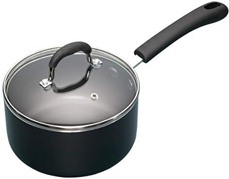 MasterClass Kochtopf, Aluminium Antihaft-Emaille-Pfanne mit Deckel, 2 Liter Fassungsvermögen, schwarz, 18cm, 1 Stück