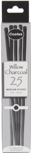 Coates 2-3 mm Diameter Thin Willow Charcoal, Pack of 25, Black