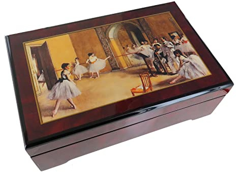 Scatola musicale per gioielli / carillon portagioie di legno con riproduzione di un quadro di Edgar Degas, ballerina danzante e meccanismo musicale a molla di 18 note - Il lago dei cigni (Tchaikovsky)