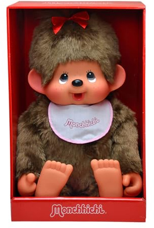 Sekiguchi 255630 - Monchhichi Original niña, Peluche con Babero Blanco y Rosa y Lazo Rojo en el Pelo, Peluche de Aprox. 80 cm de Altura, de Felpa marrón