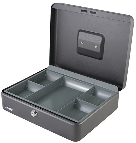 HMF Geldkassette abschließbar, Kasse mit Münzeinsatz, 5 Münzfächer | 30 x 24 x 9 cm | Schwarz