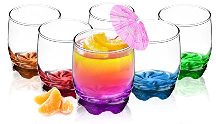 Juego de 6 vasos de cristal, 250 ml, base multicolor, aptos para lavavajillas
