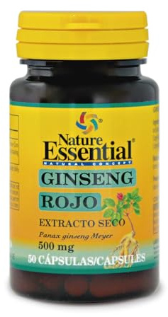 Nature Essential | Ginseng Rojo 500 mg | 50 Cápsulas | Extracto Seco Rico en Vitaminas | Rendimiento Físico y Mental