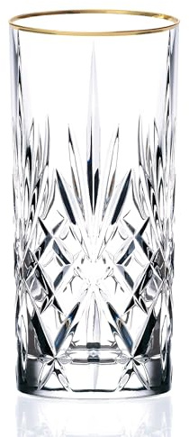 Lorren Home Trends Siena Collection Crystal Water Beverage or Ice Tea Glass with Gold Band Design, Set of 4,12 ounces