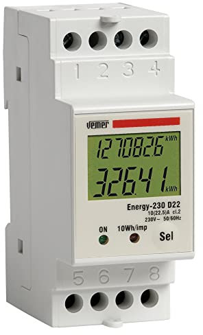 VEMER VE044400 ENERGY-230 D22 - Contatore Energia Elettrica per Sistemi Monofase, Corrente Massima Misurabile 22,5 A, Display LCD, Installazione su Barra DIN, Bianco