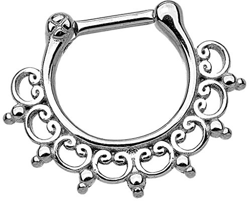 Piersando, piercing, cerniera, clicker, ring, tribal spikes, punte con cuore ornamentale, setto per trago vintage, elice, orecchio, naso, labbro seno, parti intime, colore: argento, cod. 125188951