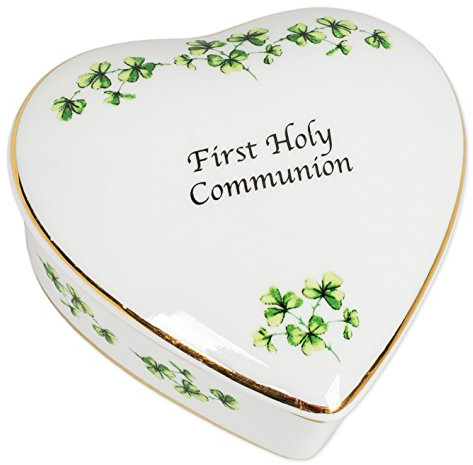 CBE First Holy Communion Irish Shamrocks Porcelain Heart Shaped Keepsake Box