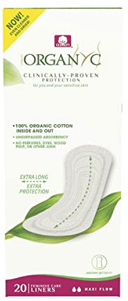 Organyc Slip piatto in 100% cotone biologico certificato dentro e fuori – Assorbente igienico quotidiano, privo di pasta di legno, profumi, SAP e sostanze chimiche – Maxi Flow, 20 pezzi