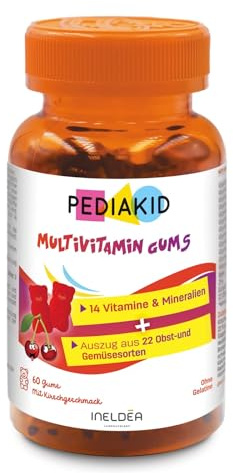 PEDIAKID Gommes Multivitaminées - Énergie, Vitalité & Immunité 60 Oursons | Dès 3 ans, goût cerise, enfant, contre la fatigue, sélénium, vitamine C, zinc, 14 vitamines et minéraux