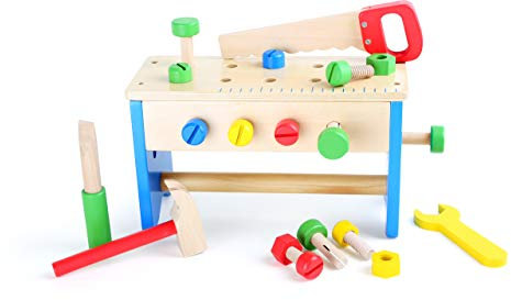 small foot 10052 Werkzeugkasten und Werkbank 2 in 1 aus buntem Holz, fördert motorische Fähigkeiten, ab 3 Jahren