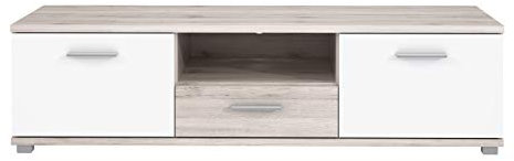 FORTE Beach TV-Unterschrank, mit 2 Türen und 1 Schublade, Holzwerkstoff, Sandeiche / Weiß, 55 x 149,5 x 39,5 cm
