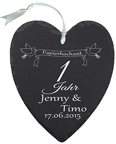 Geschenke 24 Schieferherz Papierhochzeit - individuelles Herz aus Schiefer mit Namen Bedrucken - Geschenk für Ehepaare zu 1. Ehejubiläum