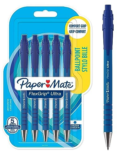 Paper Mate Flexgrip Ultra stylo bille rétractable | pointe moyenne (1,0 mm) | encre bleue | lot de 5