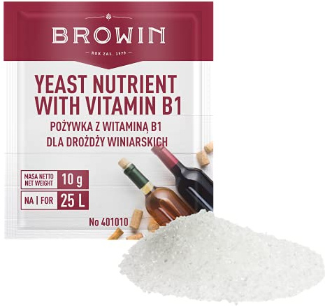 Browin 401010 Nährsalz für Wein mit Vitamin B1, 10 g, Kapazität - 25 l, für die Weinherstellung zu Hause, Universal, für Rotwein, für Weißwein, für Roséwein, für Apfelwein Standard