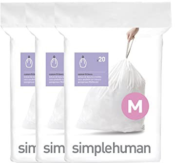 simplehuman CW0261 code M Custom Fit Bin Liner Bulk Pack, White Plastic (3 Pack of 20, Total 60 Liners)