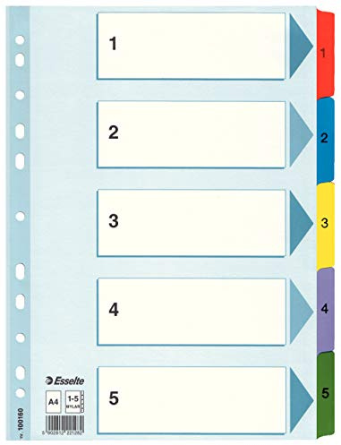 Esselte 100160 A4 1-5 index, kraftig kartong med Mylar-förstärkta flikar, blå/flerfärgad