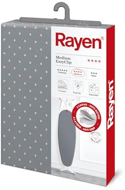 Rayen | Housse pour table à repasser Universelle | 3 épaisseurs: mousse, molleton et tissu 100 % coton | Gamme Medium de Rayen | 130X47 cm | Gris à pois roses