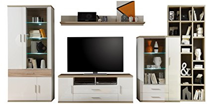 trendteam smart living Wohnzimmer 5-teilige Set Kombination Arena, 425 x 199 x 47 cm in Korpus Weiß Front Weiß Hochglanz, Absetzungen Eiche Sägerau hell mit viel Stauraum