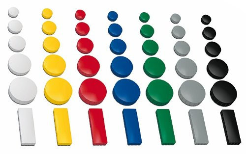 40x Magnete, farbig sortiert, 3 verschieden Größen Ø 24 + 32 + 54x19 mm Haftmagnete für Whiteboard, Kühlschrank, Magnettafel, Magnetset, L - 40 Stück