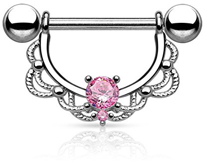 Paula & Fritz® Brustwarzen-Piercing Brustpiercing Frau Maenner Intimpiercing Mann Nippelpiercing Edelstahl Chirurgenstahl 316L Filigraner Bogen 1.2mm 1.6mm Zirkonia Farblos Pink Aqua Blau-Violett