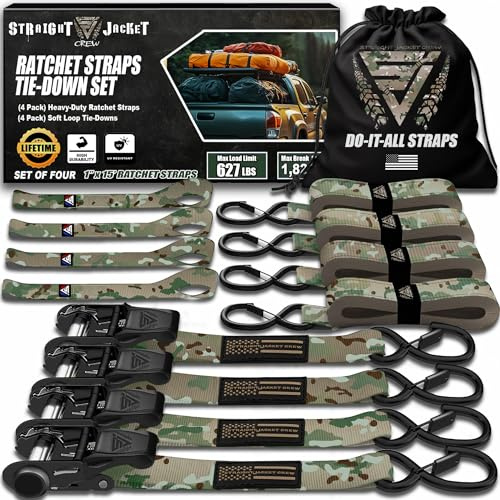 Straight Jacket Crew Set med 4 spännremmar – maximal brotthållfasthet på 0,8 kg med (4) kraftiga spännremmar på 2,5 cm x 4,6 m med krokar och handtag, perfekt för