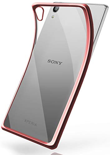 moex Transparente Silikonhülle im Chrome-Style kompatibel mit Sony Xperia Z5 | Flexibler Schutz mit Hochglanz Metallic Rahmen, Rosé-Gold