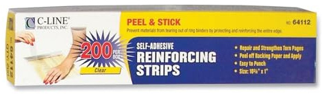 C-Line 64112 Self-Adhesive Reinforcing Strips, 10 3/4 x 1, 200/BX